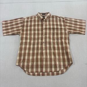 Vintage 90s Y2K Plaid Button Up Tan Red North 44 Single Stitch 2-ply 100% Cotton